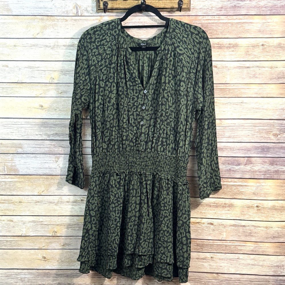 Rails Green Black Jasmine Smock Waist Long Sleeve Mini Dress L Flirty